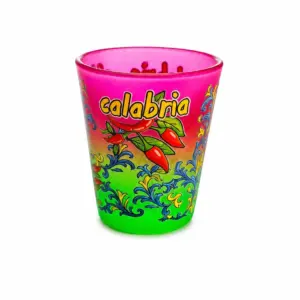 Bicchierino vetro satinato sfumato fucsia verde con scritta Calabria e peperoncini rossi