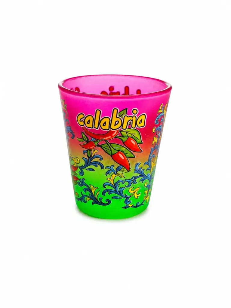Bicchierino vetro satinato sfumato fucsia verde con scritta Calabria e peperoncini rossi