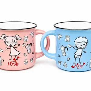 Coppia tazze ceramica Mr e Mrs rosa e azzurra con decorazioni colazione italiana
