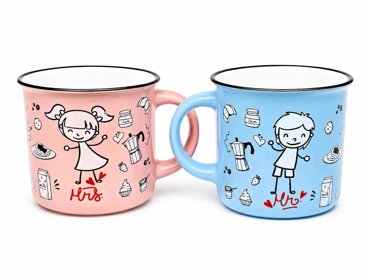 Coppia tazze ceramica Mr e Mrs rosa e azzurra con decorazioni colazione italiana