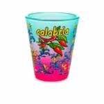 Bicchierino shot vetro satinato sfumato azzurro fucsia con peperoncini rossi e scritta Calabria