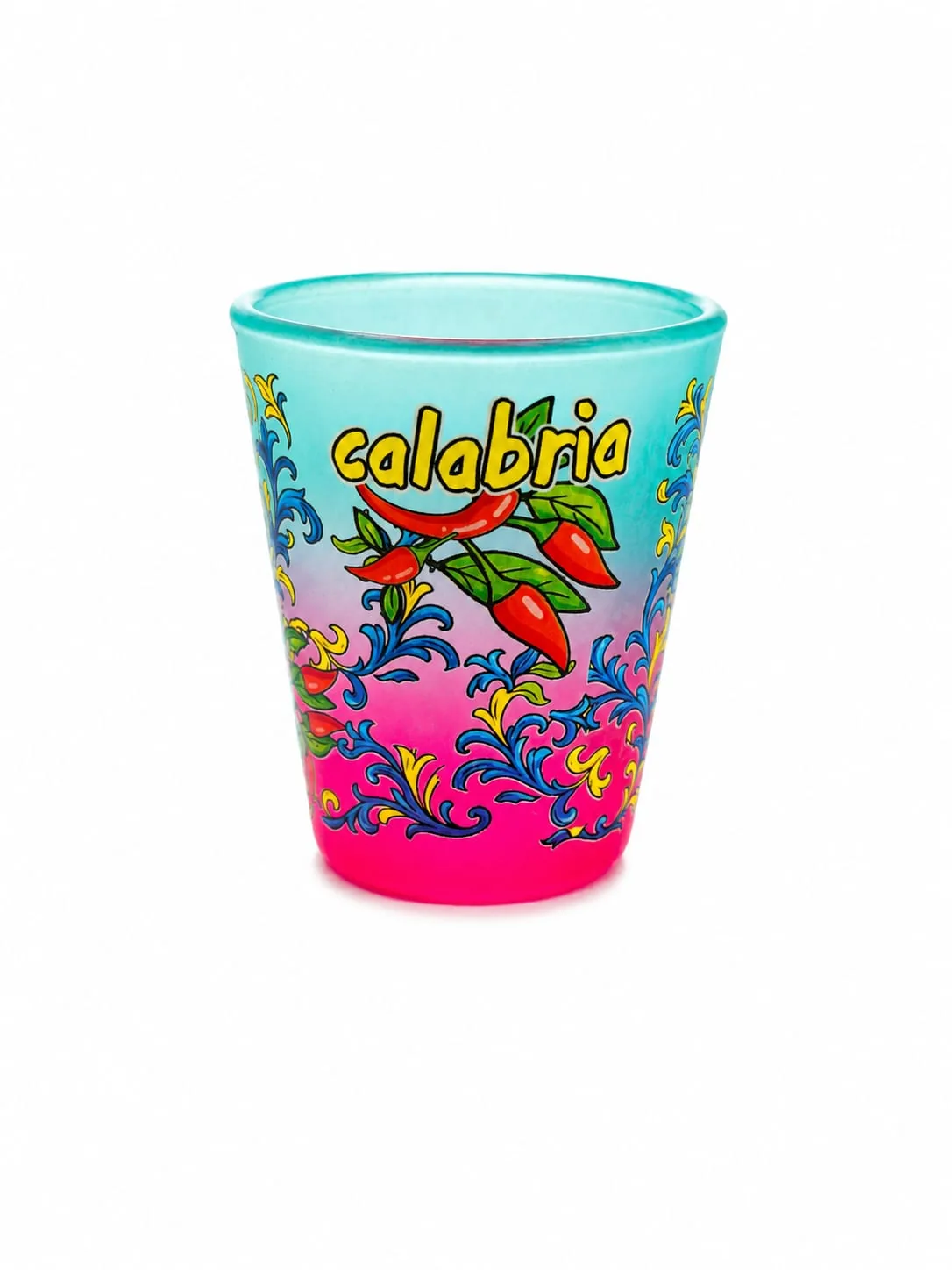 Bicchierino shot vetro satinato sfumato azzurro fucsia con peperoncini rossi e scritta Calabria