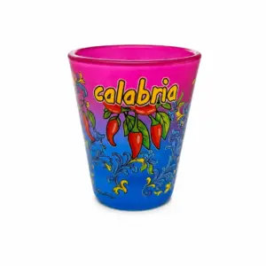 Bicchierino shot vetro satinato sfumato fucsia blu con peperoncini rossi e scritta Calabria