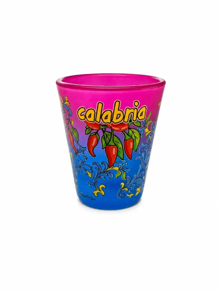 Bicchierino shot vetro satinato sfumato fucsia blu con peperoncini rossi e scritta Calabria