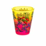 Bicchierino shot vetro satinato sfumato giallo fucsia con peperoncini rossi e scritta Calabria
