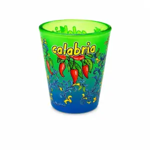 Bicchierino vetro satinato sfumato verde blu con peperoncini rossi e scritta Calabria
