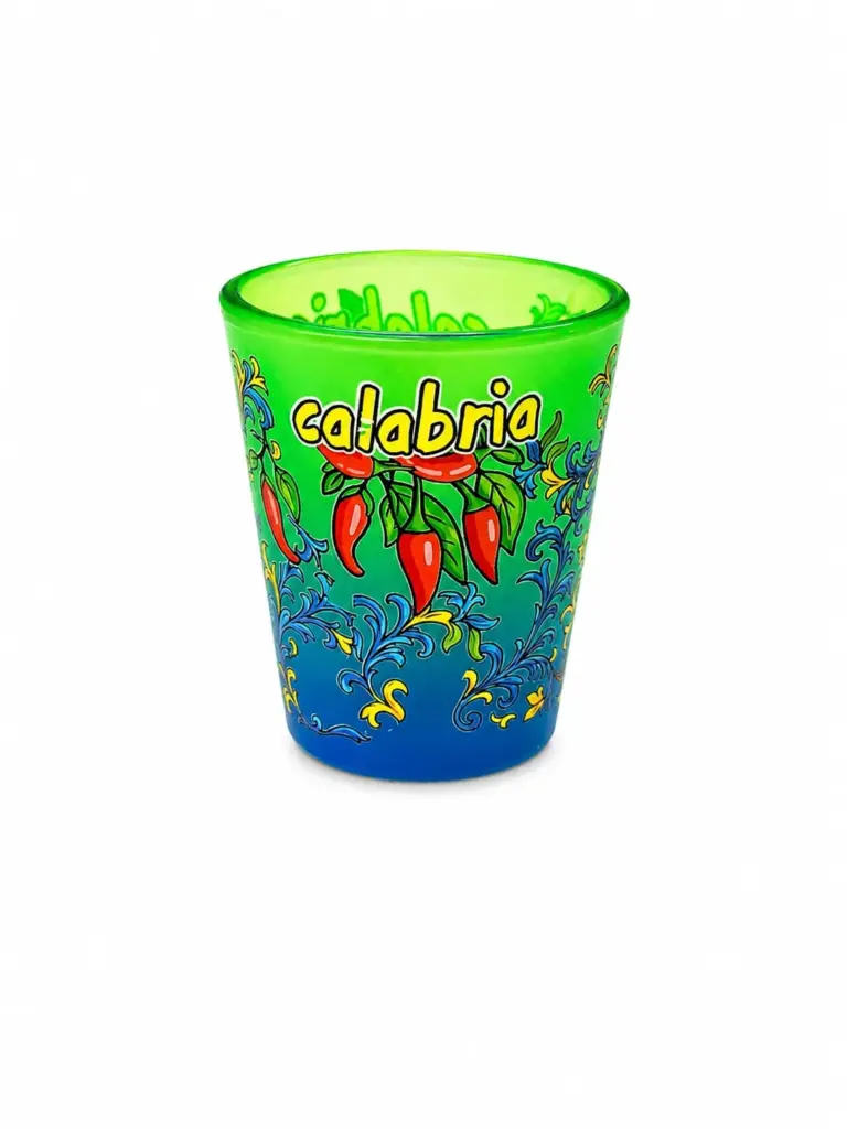 Bicchierino vetro satinato sfumato verde blu con peperoncini rossi e scritta Calabria