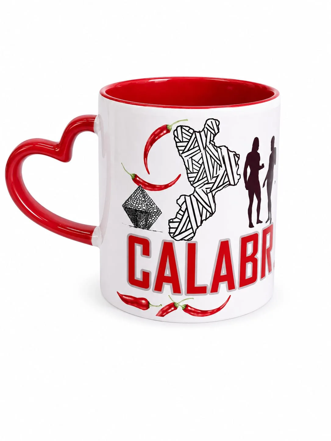 Mug ceramica bianca con manico rosso a cuore, grafica Calabria con peperoncini e motivi geometrici