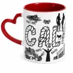 Mug ceramica bianca manico rosso con simboli Calabria Bronzi Riace peperoncini Tropea Maratea
