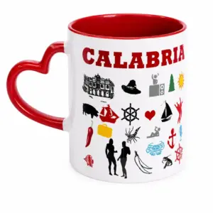 Mug ceramica bianca interno rosso manico cuore scritta Calabria simboli regionali colorati