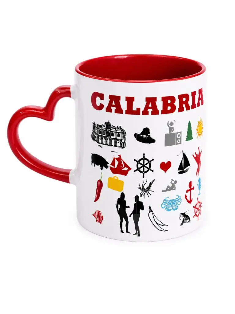 Mug ceramica bianca interno rosso manico cuore scritta Calabria simboli regionali colorati