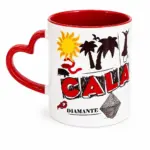 Mug ceramica bianca interno rosso manico cuore decorazione Calabria sole palme fenicottero Diamante