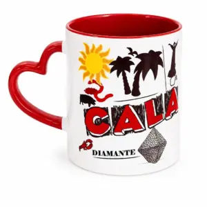Mug ceramica bianca interno rosso manico cuore decorazione Calabria sole palme fenicottero Diamante