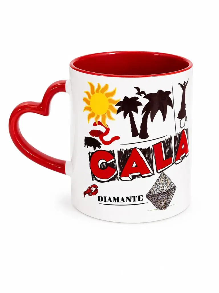 Mug ceramica bianca interno rosso manico cuore decorazione Calabria sole palme fenicottero Diamante