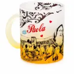 Mug vetro satinato arancione con illustrazione borgo Paola e scritta rossa
