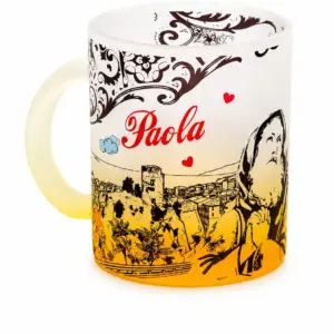 Mug vetro satinato arancione con illustrazione borgo Paola e scritta rossa