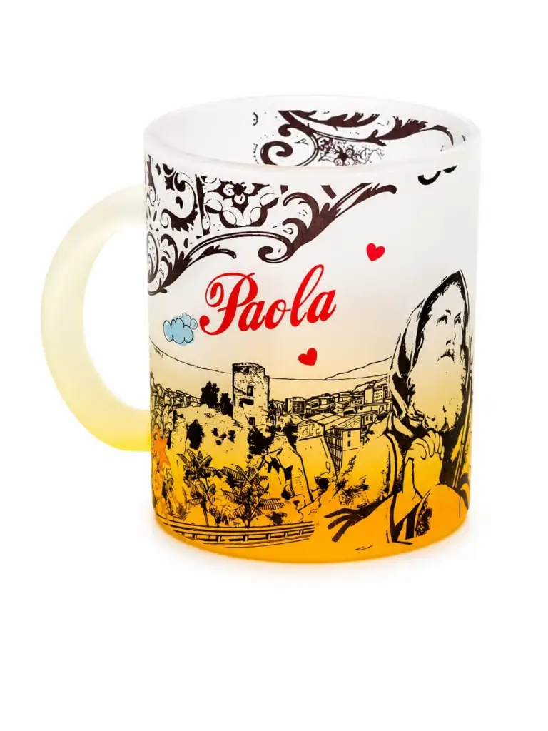 Mug vetro satinato arancione con illustrazione borgo Paola e scritta rossa