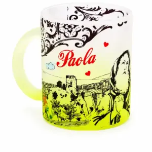 Mug paola calabria in vetro satinato giallo-verde con torre antica e scritta rossa