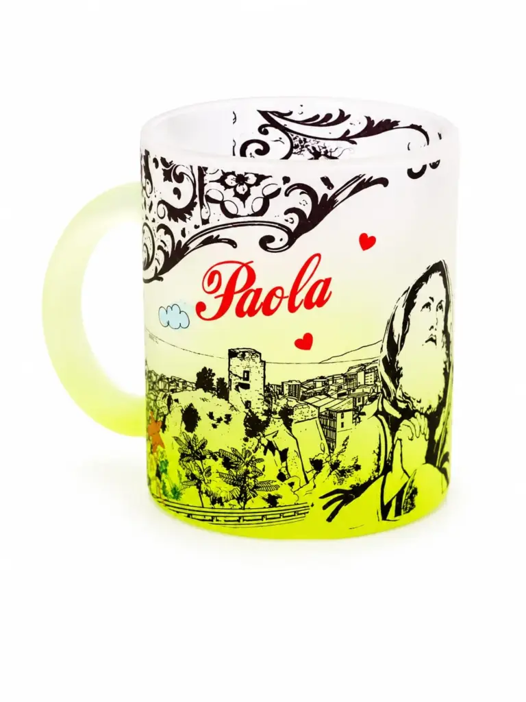 Mug paola calabria in vetro satinato giallo-verde con torre antica e scritta rossa