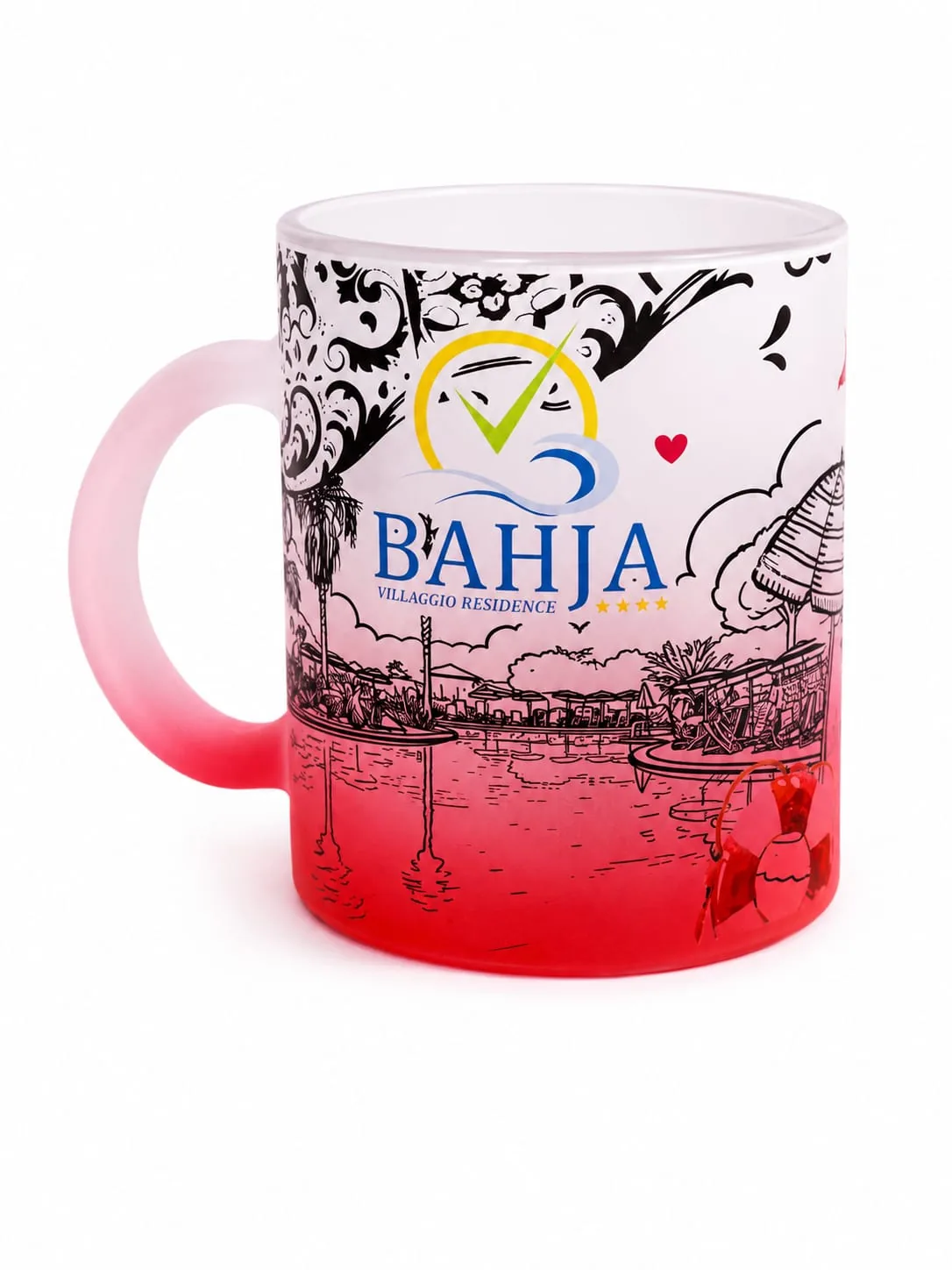 Mug bahja vetro satinato rosso con sfumatura bianco-rosso, manico rosa e illustrazione paesaggio costiero