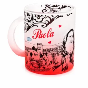 Mug vetro satinato rosso con illustrazione borgo di Paola e scritta decorativa