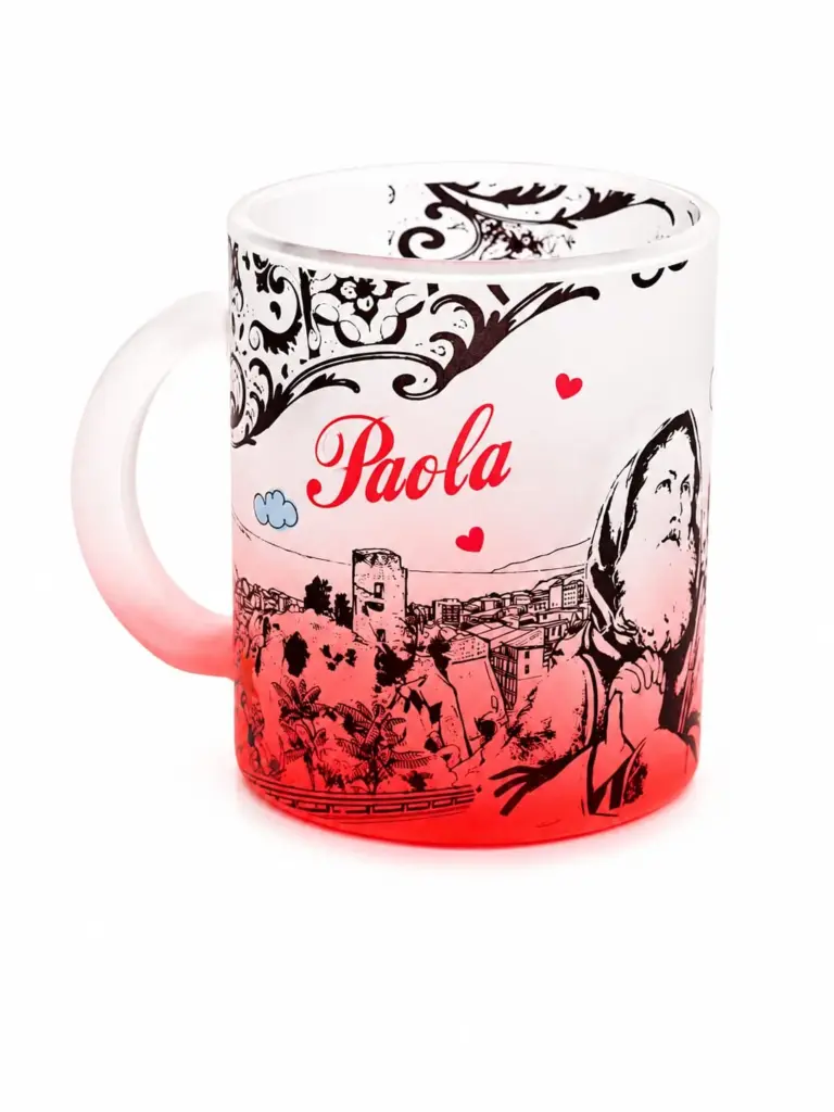 Mug vetro satinato rosso con illustrazione borgo di Paola e scritta decorativa
