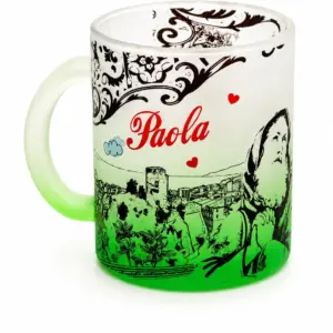 Mug vetro satinato verde con illustrazione santuario Paola Calabria e scritta rossa decorata