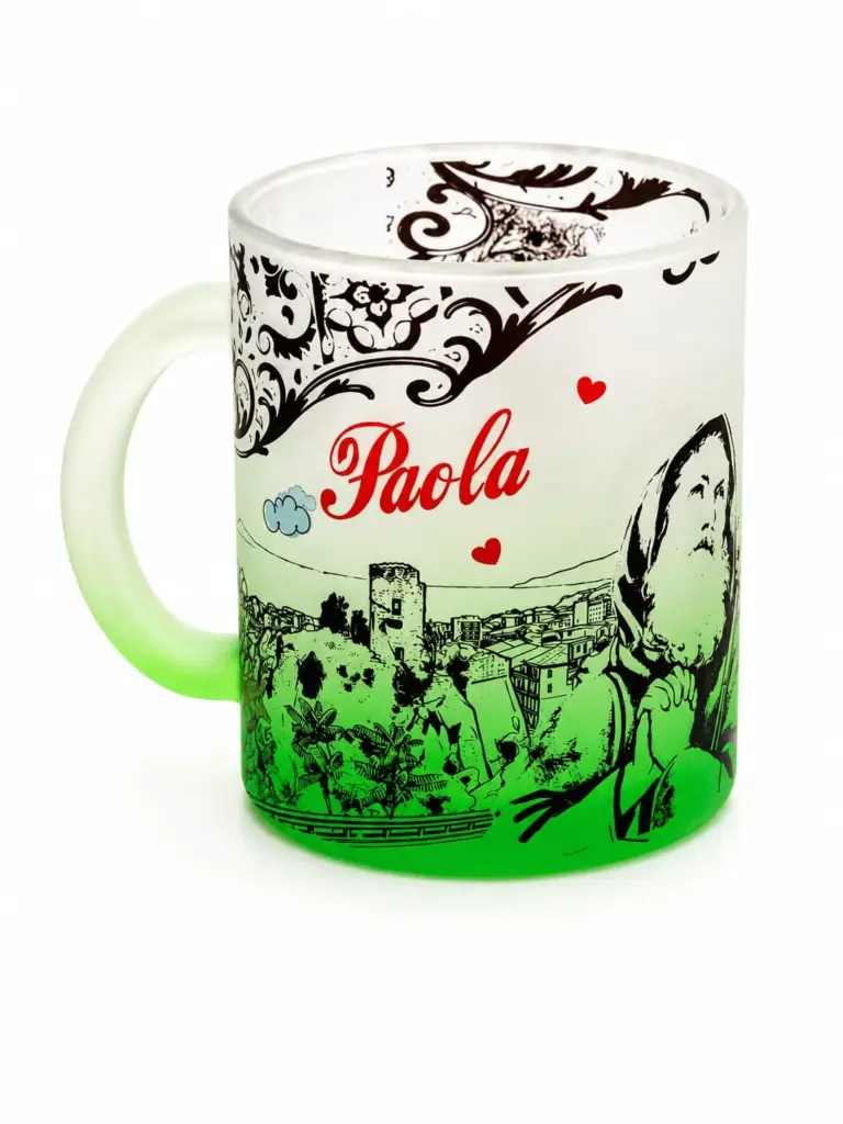 Mug vetro satinato verde con illustrazione santuario Paola Calabria e scritta rossa decorata