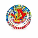 Posacenere calabria vetro rotondo con peperoncino rosso su fondo giallo e bordo blu decorato