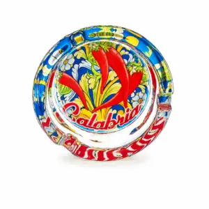 Posacenere calabria vetro rotondo con peperoncino rosso su fondo giallo e bordo blu decorato