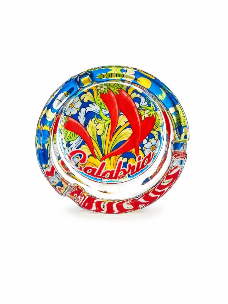 Posacenere calabria vetro rotondo con peperoncino rosso su fondo giallo e bordo blu decorato