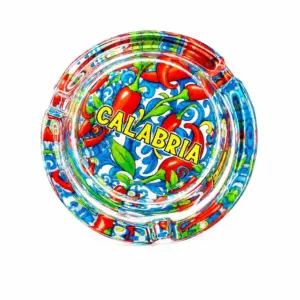 Posacenere calabria peperoncino rotondo in vetro trasparente con decorazioni rosse e azzurre