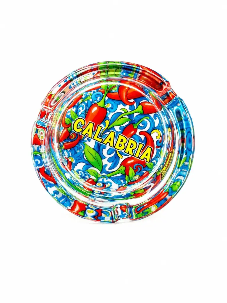 Posacenere calabria peperoncino rotondo in vetro trasparente con decorazioni rosse e azzurre