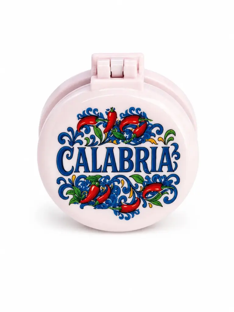 Spazzola richiudibile bianca con scritta Calabria blu e peperoncini rossi decorativi