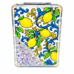 Specchietto rettangolare con limoni gialli lucidi, foglie verdi e volute blu su fondo bianco, glitter interni