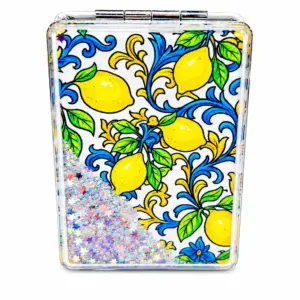 Specchietto rettangolare con limoni gialli lucidi, foglie verdi e volute blu su fondo bianco, glitter interni