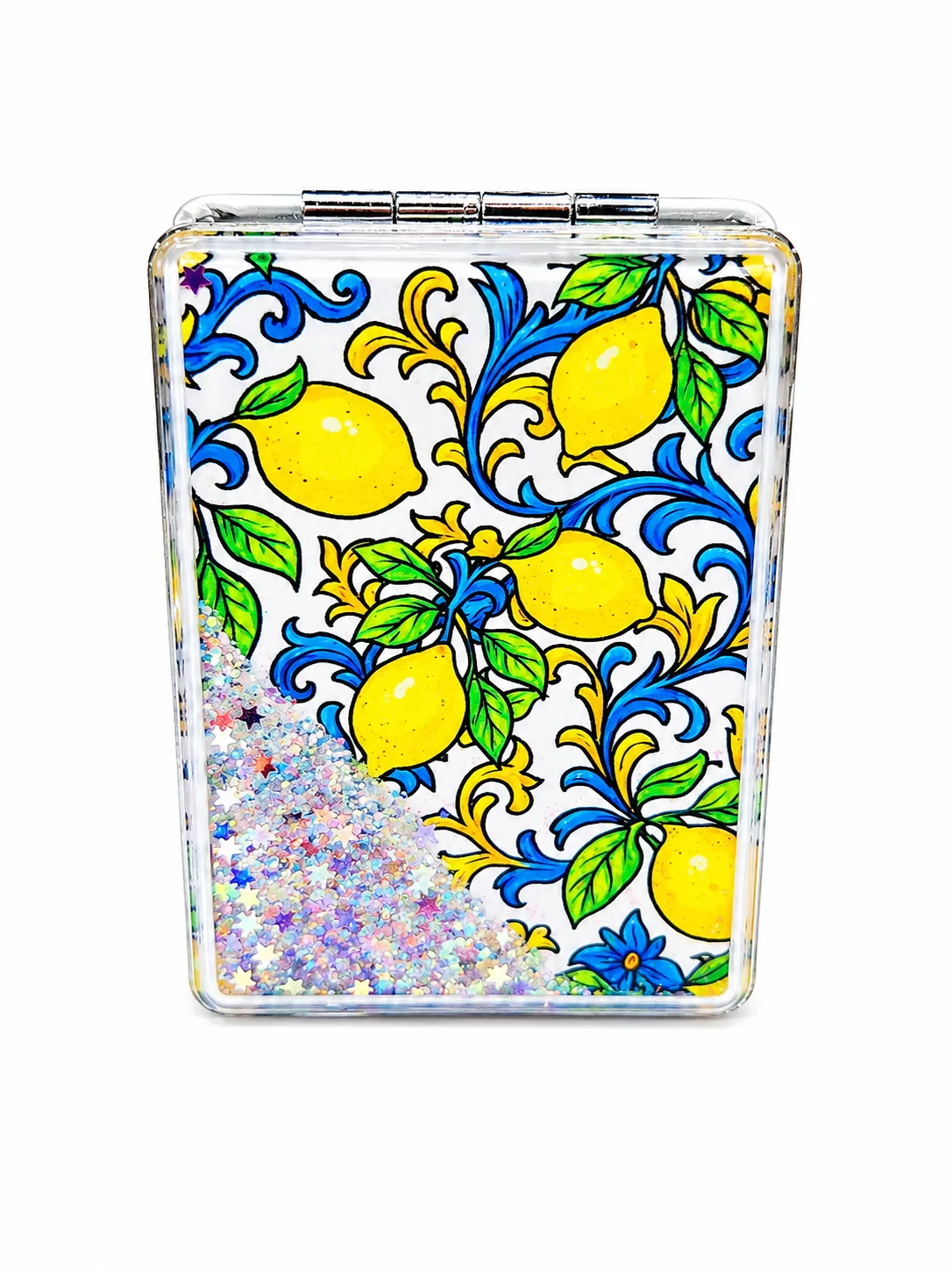 Specchietto rettangolare con limoni gialli lucidi, foglie verdi e volute blu su fondo bianco, glitter interni