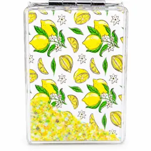 Specchietto limoni sicilia con glitter gialli e verdi mobili su fondo bianco