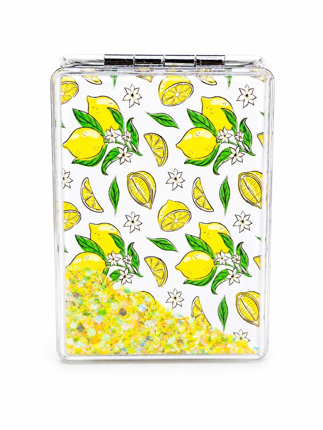 Specchietto limoni sicilia con glitter gialli e verdi mobili su fondo bianco