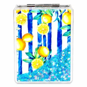 Specchietto tascabile rettangolare con righe blu, limoni gialli e glitter azzurri iridescenti