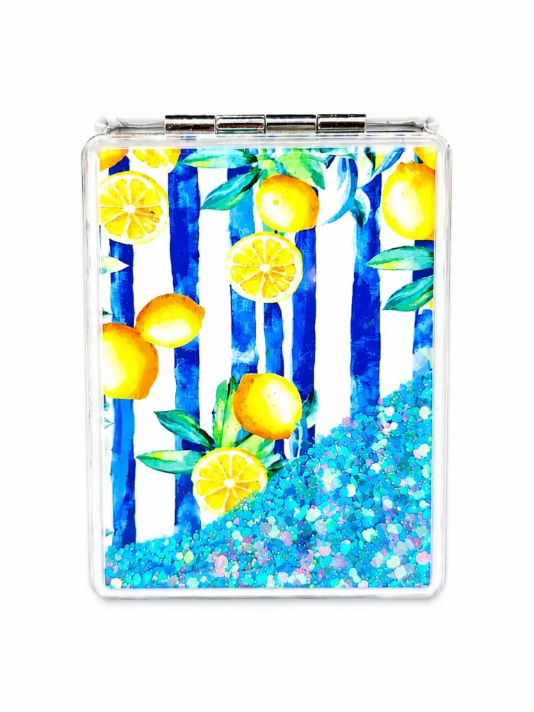 Specchietto tascabile rettangolare con righe blu, limoni gialli e glitter azzurri iridescenti