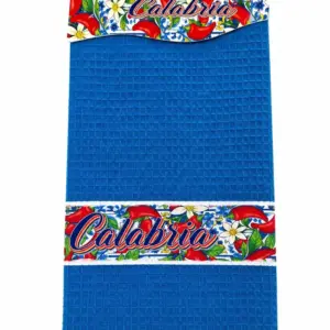 Strofinaccio calabria peperoncino blu nido d'ape con fasce decorate fiori rossi bianchi