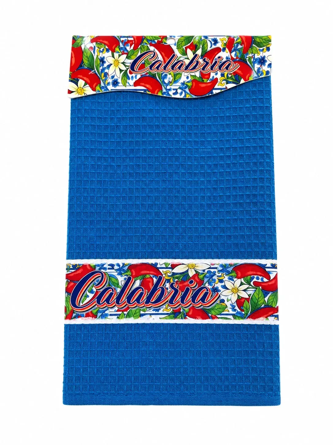 Strofinaccio calabria peperoncino blu nido d'ape con fasce decorate fiori rossi bianchi