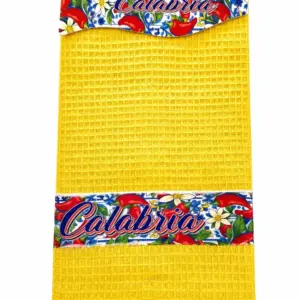 Strofinaccio calabria peperoncino giallo a nido d'ape con fasce decorative floreali