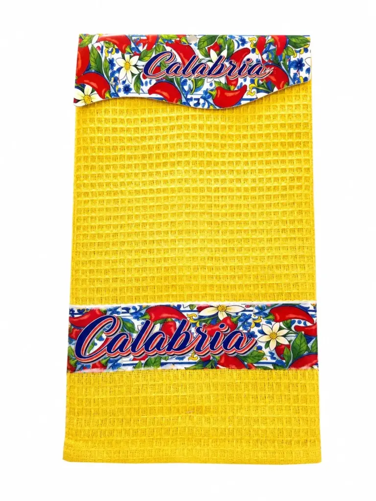 Strofinaccio calabria peperoncino giallo a nido d'ape con fasce decorative floreali