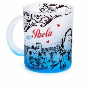 Tazza vetro satinato blu con borgo di Paola, San Francesco patrono e scritta rossa Paola con cuori