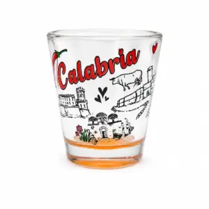 Bicchierino shot vetro trasparente base arancione decorazione Calabria peperoncino cuori rossi