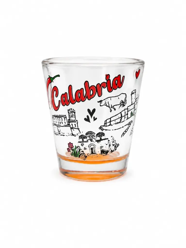 Bicchierino shot vetro trasparente base arancione decorazione Calabria peperoncino cuori rossi