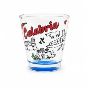 Bicchierino calabria vetro trasparente con base blu, peperoncino rosso e architetture rurali