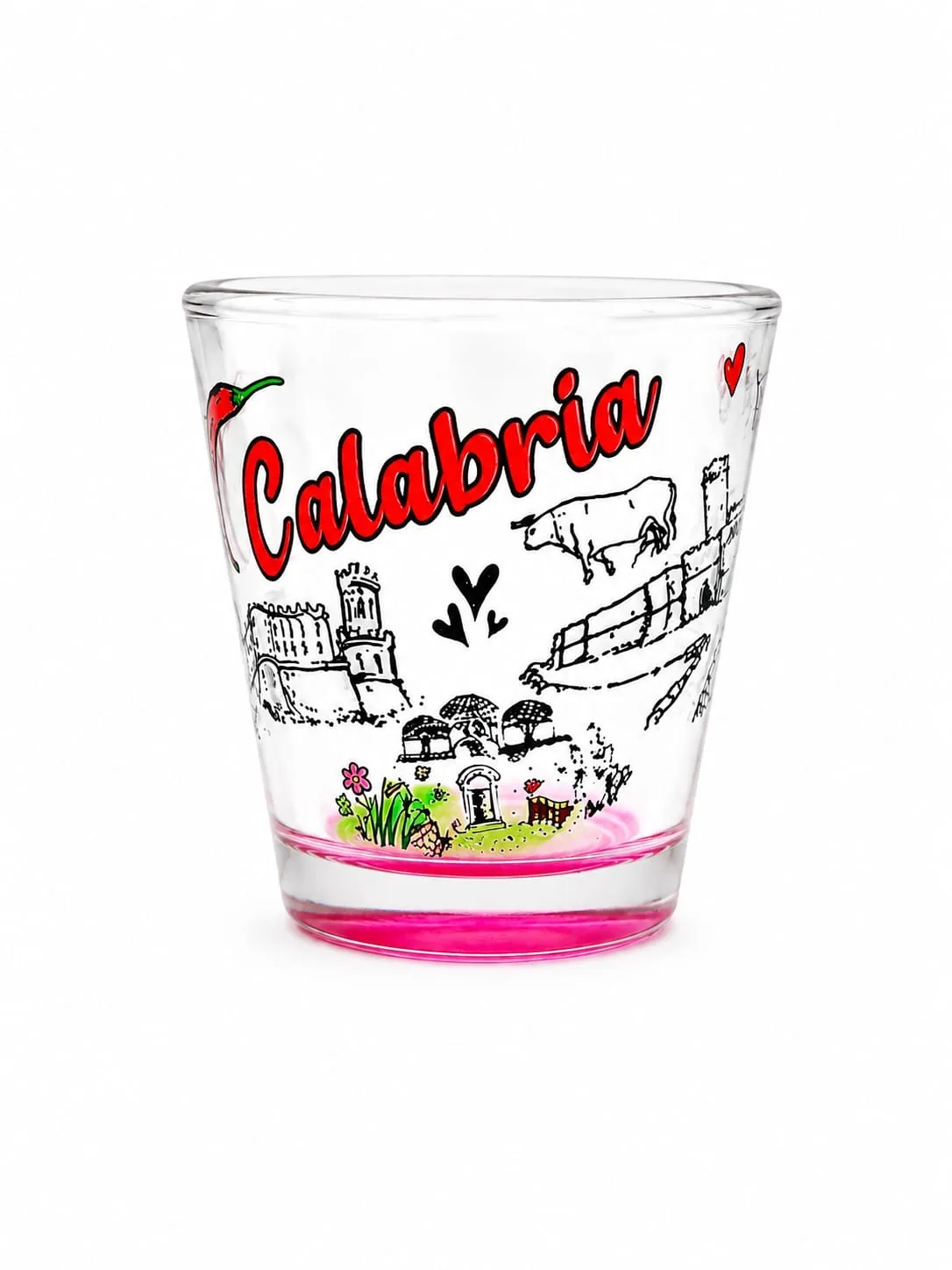 Bicchierino da shot vetro trasparente base fucsia decorazione Calabria peperoncini